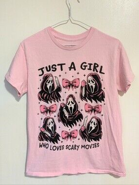 "Just A Girl Who Loves Scary Movies" Pink Graphic Tee Small